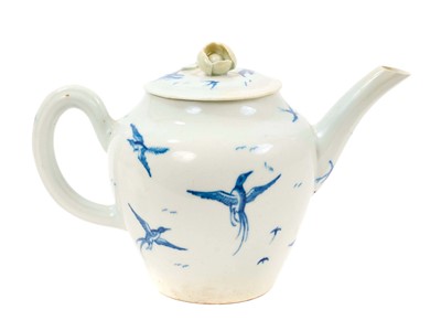 Lot 27 - Rare First Period Worcester porcelain teapot, c.1758, Thrush pattern, decorated in blue and white, painter’s mark to base.