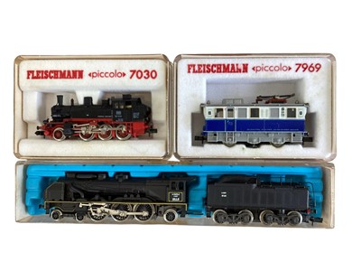Lot 1913 - Fleischmann Picolo N Gauge 2-6-0 DB red & black tank engine, No.7030 & Class ET99 ELB 215 Rack & Pinion locomotive Edelweissbahn blue & white No.7030, both boxed and Rivarossi 4-...
