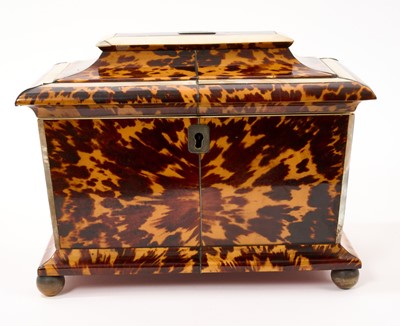 Lot 650 - William IV tortoiseshell mother of pearl and ivory inlaid tea caddy