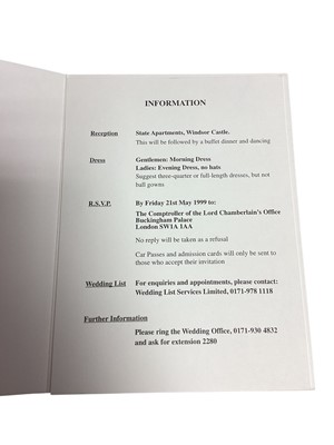 Lot 1 - H.M. Queen Elizabeth The Queen Mother, scarce Royal invitation for Her Majesty to attend her Grandson's Prince Edward's Marriage to Sophie Rhys-Jones on Saturday 19th June 1999