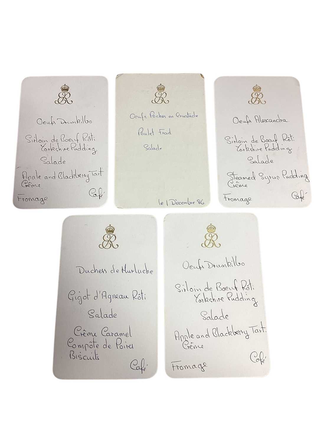 Lot 3 - H.M. Queen Elizabeth The Queen Mother, five handwritten Royal menus on gilt embossed crowned ER cypher menu cards (5)