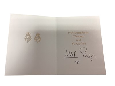 Lot 5 - H.M. Queen Elizabeth II and H.R.H. The Duke of Edinburgh, scarce hand signed 1995 Christmas card with colour photograph of the Royal couple at Balmoral to the cover, twin gilt Royal Cyphers to the...