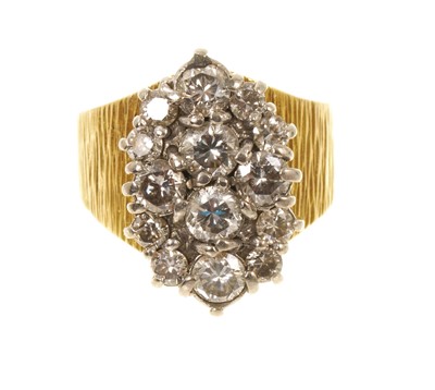 Lot 435 - Diamond cluster ring with a cluster of fourteen brilliant cut diamonds estimated to weigh 1.75cts, in claw setting on a textured yellow gold shank, engraved 18ct.