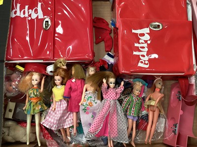 Lot 1972 - Pippa dolls no.2 (x2), no.3 (x1), plus three other similar dolls. Topper doll H11A (x2) H11B (x1), a selection of clothing and accessories. Pippa red wardobe case (2).