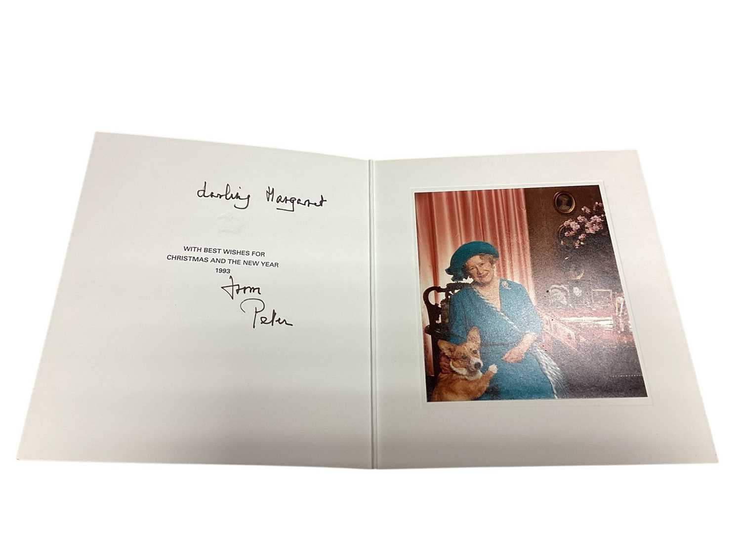 Lot 12 - H.M. Queen Elizabeth The Queen Mother, scarce signed 1993 family Christmas card with gilt embossed crown to cover, colour photograph of Her Majesty with a corgi to the interior, signed in ink 'D...