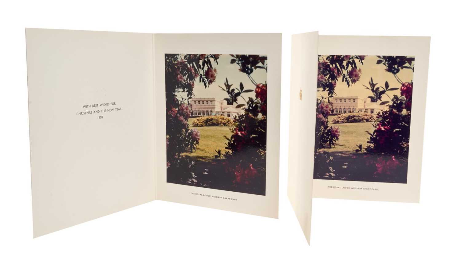 Lot 13 - H.M. Queen Elizabeth The Queen Mother, two un-signed 1978 Christmas cards, each with gilt embossed crown to cover, colour photograph of Royal Lodge, Windsor to the interior, with envelope
