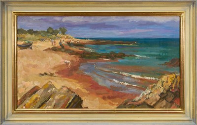 Lot 891 - *Tessa Spencer Pryse (b.1940) oil on board - Salmon Netting, The Moray Firth, signed and titled verso, 45cm x 77cm, framed
