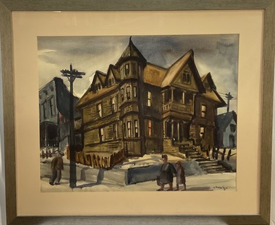Lot 246 - Dorothy Sklar (American 1906-1996) watercolour - Los Angeles Houses, signed and dated '45, in glazed frame