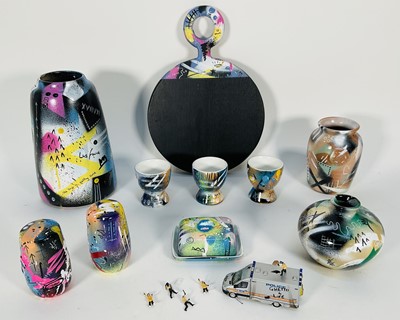 Lot 283 - Roy's People (contemporary) group of art pottery and prop Police Van toy from photographic work