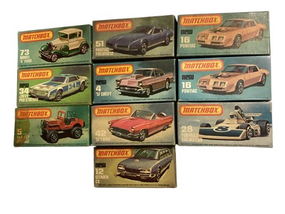 Lot 2049 - Matchbox 1-75 Series diecast vehicles including Rover 3500 No.8, Mercedes Tourer No.6, Porche 928 No.59, Fiat Abarth No.74, Jaguar SS100 no.47, Audi Quattro No.25, VW Golf No.7, Mercedes 450SEL...