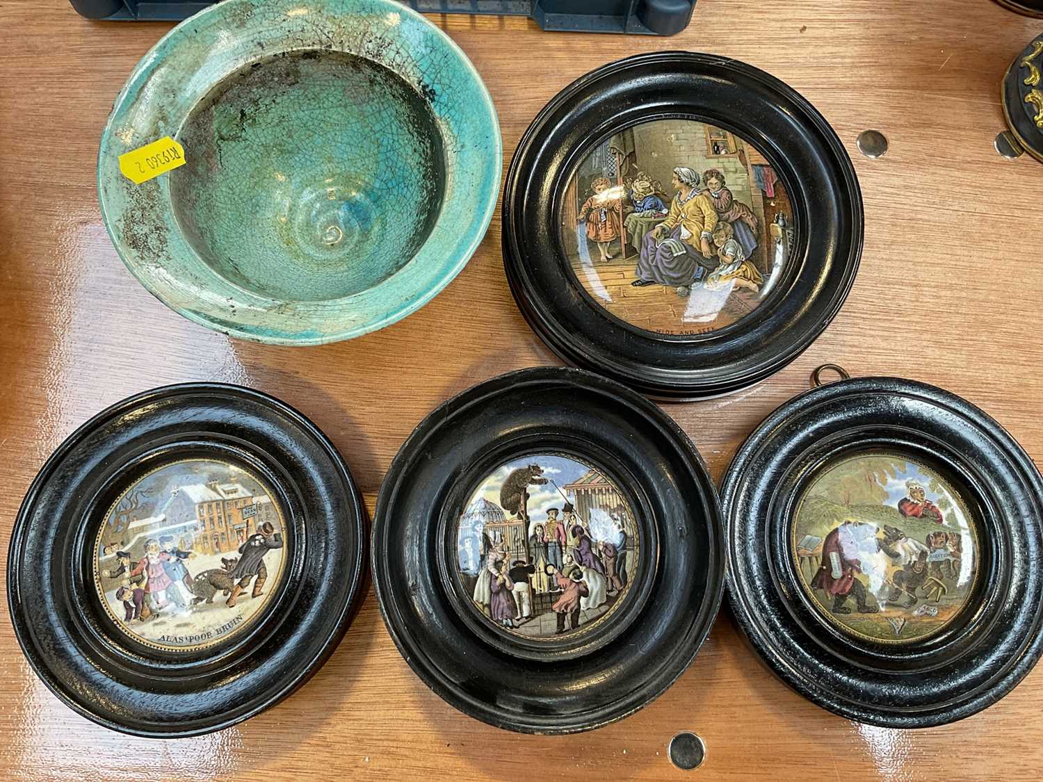 Lot 5004 - Group of Victorian Prattware pot lids and a turquoise bowl, possibly Middle Eastern