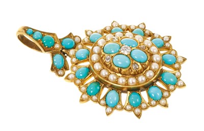 Lot 426 - Victorian turquoise, pearl and diamond pendant with locket compartment to the reverse