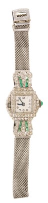 Lot 438 - Art Deco diamond and emerald cocktail watch in platinum setting