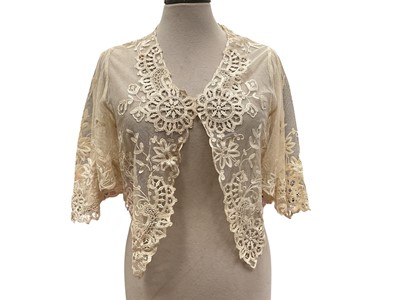 Lot 2142 - Group of Victorian clothing including needle-run lace bolero jacket with lace inserts, net lace blouse with needle-run dots and appliqued lace trims, a very pretty long length nightie with lace...