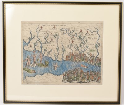 Lot 769 - Michael Drayton, allegorical map of Glamorganshire and Monmouthshire, etc, from Poly Albion 1612, hand-coloured, image 23 x 33cm, framed and glazed