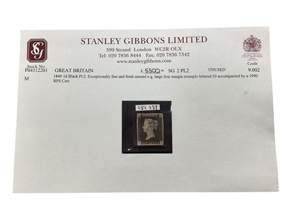 Lot 1532 - G.B. 1840 Penny Black, plate 2, lettered SJ, four margin copy, with gum and accompanying Royal Philatelic Society Certificate dated 17th Jan. 1990, stating that the example is unused and genuine.