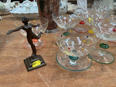 Lot 5009 - Set of six cocktail glasses with polka dot decoration, together with three matching Sunday glasses, an Art Deco cocktail shaker and a bronze figure.
