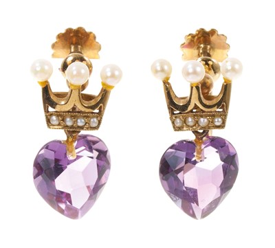 Lot 432 - Pair of 9ct gold earrings with faceted heart-shaped amethysts below seed pearl set crowns