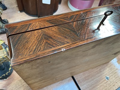 Lot 5007 - Antique rosewood veneered box with brass inlay (key present)