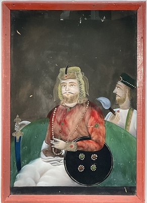 Lot 208 - Indian painting of Sher Shah Suri, shown carrying sword and shield, in glazed frame, 48cm x 33cm