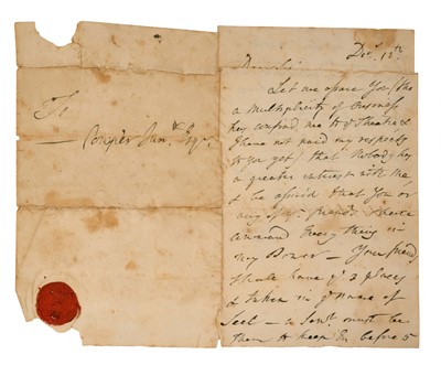 Lot 698 - David Garrick (actor 1717-1779) two page letter, dated Dec 18th, addressed to Cowper Jun. Esq, with wax seal, the letter with hand stitched repairs