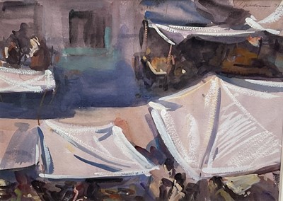 Lot 1035 - Peter Burnam (b.1941) watercolour - A Market, signed and dated 2003, 26cm x 36cm, in glazed frame