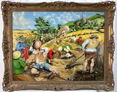 Lot 385 - After Pieter Brueghel the Younger, oil on board, harvest scene signed C. R. Hargreaves
