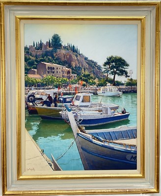 Lot 1075 - *Lionel Aggett (1938-2009) pastel - Mediterranean harbour