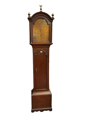 Lot 685 - 18th century oak cased longcase clock by Thomas Jimson, Hertford with brass arched dial and 8 day movement, together with two weights, pendulum and winding key