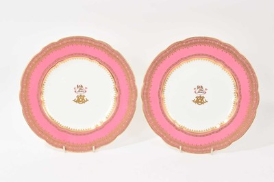 Lot 283 - Pair of Coalbrookdale pink ground plates, with crests and monograms, circa 1850