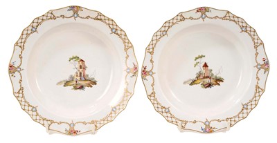 Lot 74 - Pair of Tournai small plates, finely painted in The Hague, circa 1770, blue painted stork marks