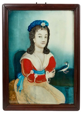 Lot 726 - Pair of Chinese Export reverse glass paintings of European figures, in original hardwood frames, circa 1800