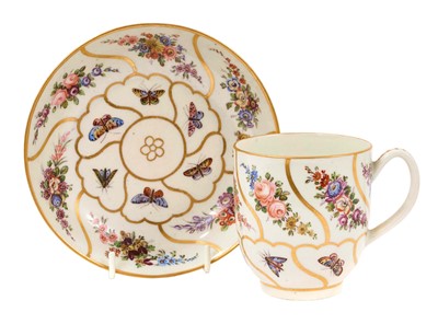 Lot 92 - Worcester large coffee cup and saucer, with a version of the Queen’s pattern, the porcelain circa 1770