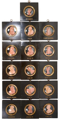 Lot 739 - Set of sixteen 19th century wax profile portraits of European royals
