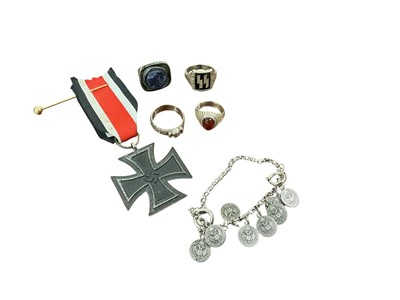 Lot 717 - Second World War Nazi German silver ring, with engraving naming on interior of band, together with other Nazi rings and an Iron Cross.