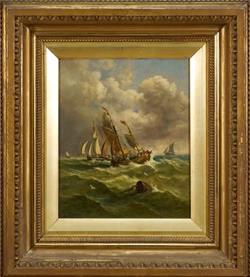Lot 1178 - John Moore of Ipswich (1820-1902) oil on panel - Fishing Boats in Squally Seas, signed, 29cm x 24cm, in gilt frame
