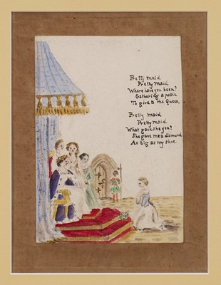 Lot 1041 - Set of twelve early Victorian English School ink and watercolour illustrations depicting well known Nursery Rhymes, 44.5cm x 39cm overall, in matching good quality gilt frames (12)