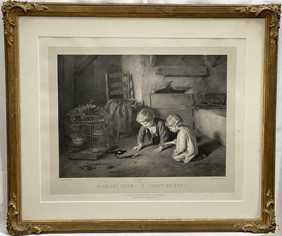 Lot 231 - Émile des Maisons and Édouard Frère engraving of children and a pet bird, Don’t Be Shy, pub. 1872 Pilgeram & Lefèvre, London, 28cm x 39cm, glazed frame