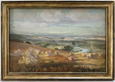 Lot 155 - Early 20th century landscape, oil on panel, harvested fields with river and sea beyond, 23cm x 36cm, framed