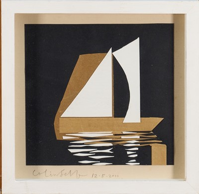 Lot 895 - *Colin Self (b.1941) paper collage - Sailing Boat, signed, dated 12.5.2011, 21cm x 21.5cm, in glazed frame