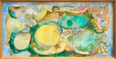 Lot 1088 - * Audrey Pilkington (1922-2015) oil on board - Pots in a Landscape, signed, 60cm x 121cm, framed