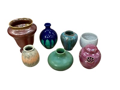 Lot 1294 - Ruskin lustre potpourri jar and another Ruskin vase, together with five other vases including Royal Lancastrian (7)