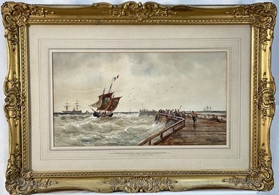 Lot 333 - Follower of Thomas Bush Hardy, watercolour, 'A Yarmouth fishing smack entering a French port', bearing signature, 24cm x 45cm, glazed gilt frame