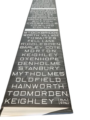 Lot 2554 - Vintage printed canvas Yorkshire Bus blind, for various destinations to include Keighley, Leeds and Todmorden, approximately 730cm x 104cm