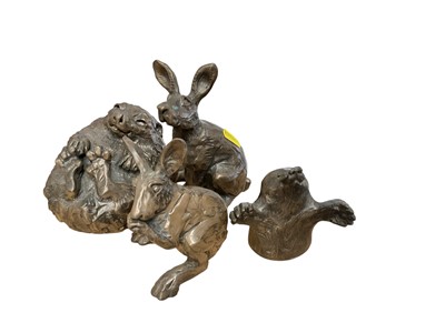 Lot 2581 - Julia Hulme, four bronzed resin sculptures, in the form of hares, hedgehog and a mole, (4).