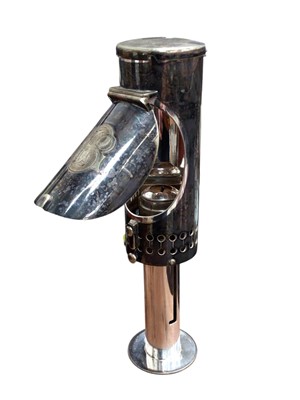 Lot 2605 - Victorian silver plated travelling carriage reading lamp with extending base, sprung candle socket and hinged shade to front and rising lid with suspension hooks 13.5 cm high