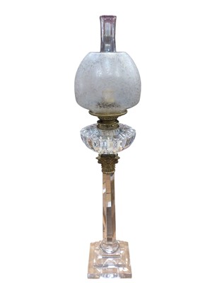 Lot 2629 - Late Victorian glass and ormolu mounted Corinthian column oil lamp with floral etched shade and faceted column on stepped socle 82cm
