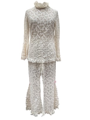 Lot 2169 - 1960's Dorothy Perkins ruffle lace flared trouser suit, size M, iconic of the era.