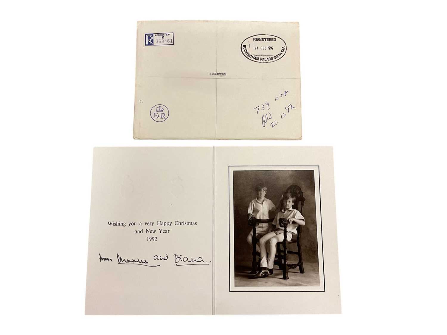 Lot 35 - T.R.H. The Prince and Princess of Wales, signed 1992 Christmas card (the last Christmas card they signed as a couple) with twin gilt Royal cyphers to cover, black and white somber photograph yo...