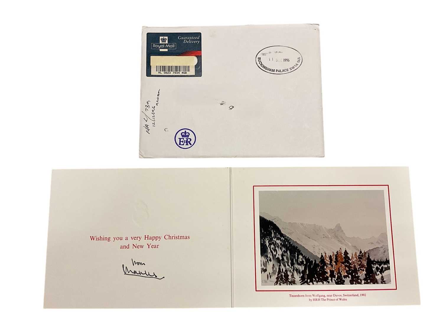 Lot 39 - H.R.H. Prince Charles Prince of Wales (now H.M. King Charles III), signed 1996 Christmas card with gilt Royal cyphers to cover, colour print of a watercolour by The Prince of the Tinzenhoven moun...